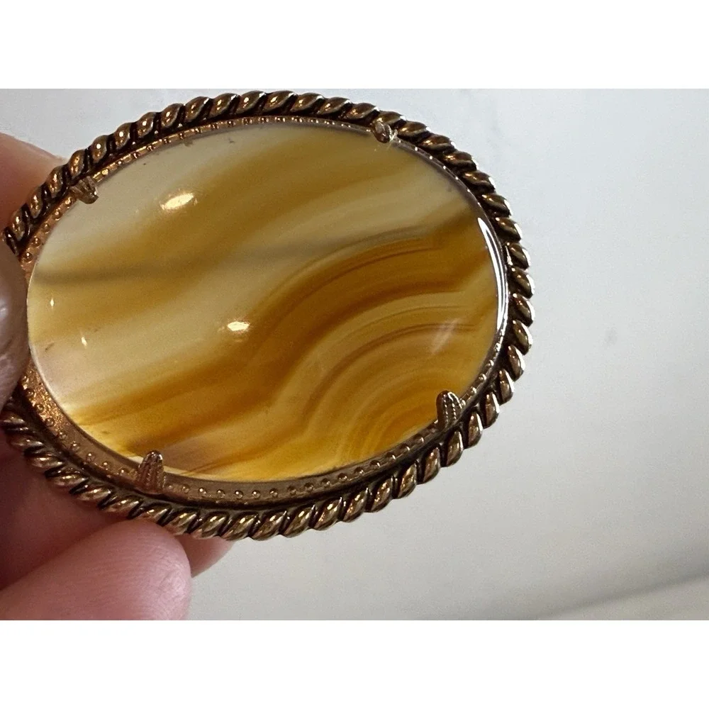 Vintage Orange Banded Agate Twisted Rope Oval Large Brooch Pin Retro‎ Silver